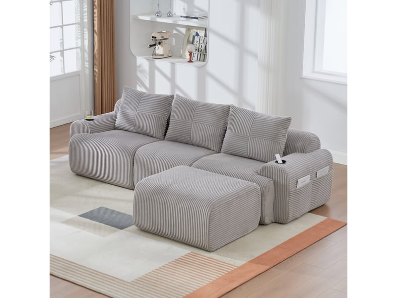  Canapé modulable, canapé de salon, porte-gobelets, gris clair, en velours tricoté  - Conforama D