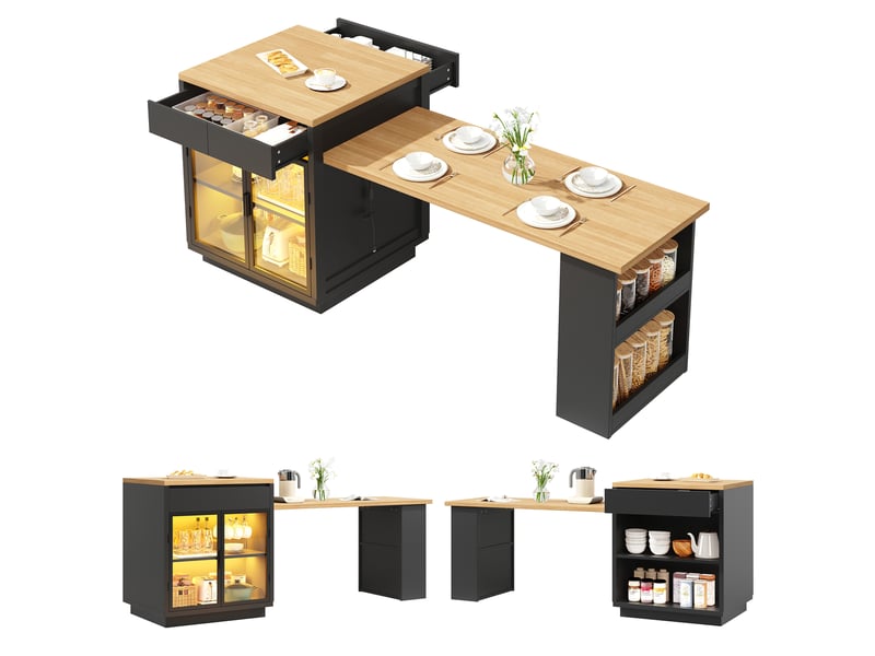  Îlot de cuisine table extensible 122–194,5 cm - 2 tiroirs et façades vitrées - led rvb avec application - mdf - noir CozyNest - Conforama A