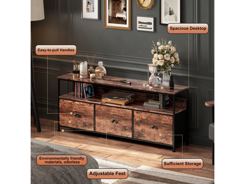  Meuble tv led 108cm meuble télé avec 3 tiroir en tissu et étagères ouvertes, cadre en acier, banc tv salon, chambre, marron rustique  - Conforama E