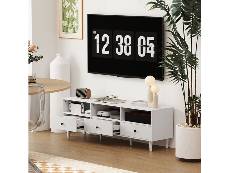  Meuble tv avec 3 tiroirs et 3 niches, passe-câbles pour salon en bois blanc jusqu’à 75 pouces 140 × 34 × 45 cm  - Conforama B