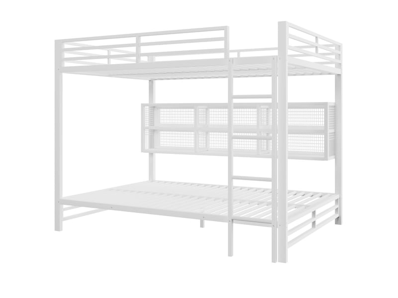  Lit superposé 140x200cm avec éclairage led et 6 casiers de rangement - lit double - cadre en métal blanc robuste, barrière sécurité  - Conforama A