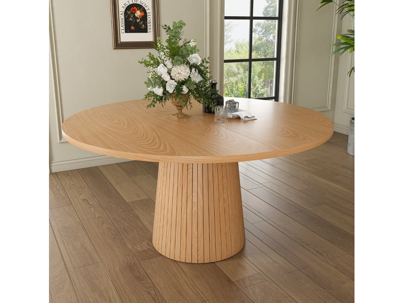 Table à manger ronde 110 cm en mdf plaqué chêne, pied central avec cadre métallique  - Conforama B