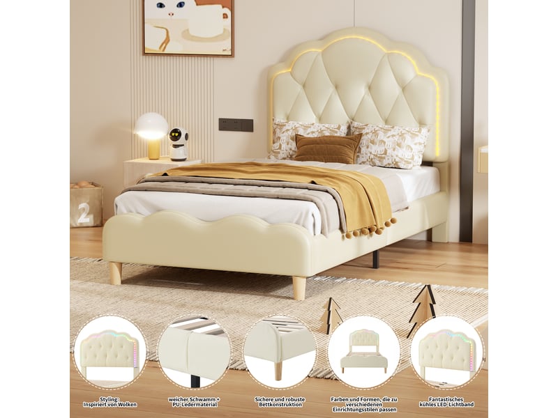  Lit simple pour enfant 90x200 cm - lit décoratif avec tête de lit en forme de vague et bandes led - simili cuir + bois + métal - sans matelas - blanc  - Conforama C