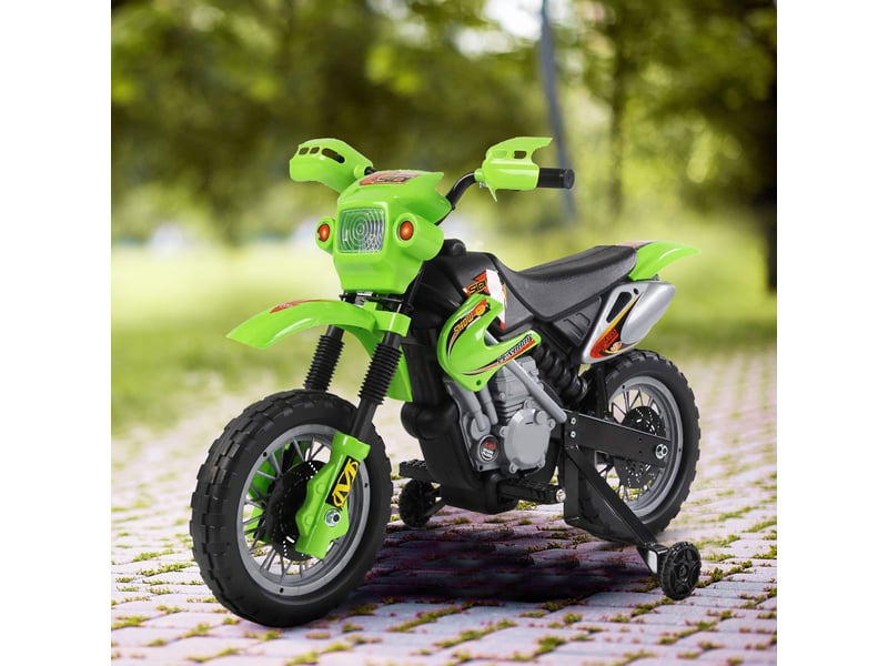 Moto électrique enfants, moto cross pour enfants avec batterie 6 v, phares, musiques et roues d'entraînement, 3 à 6 ans, charge 25kg, vert et noir - Conforama D