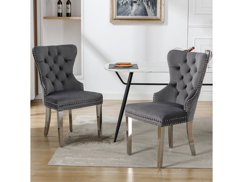  Chaise de salle à manger velours cloutée, lot de 2 - structure et pieds métal, gris  - Conforama C