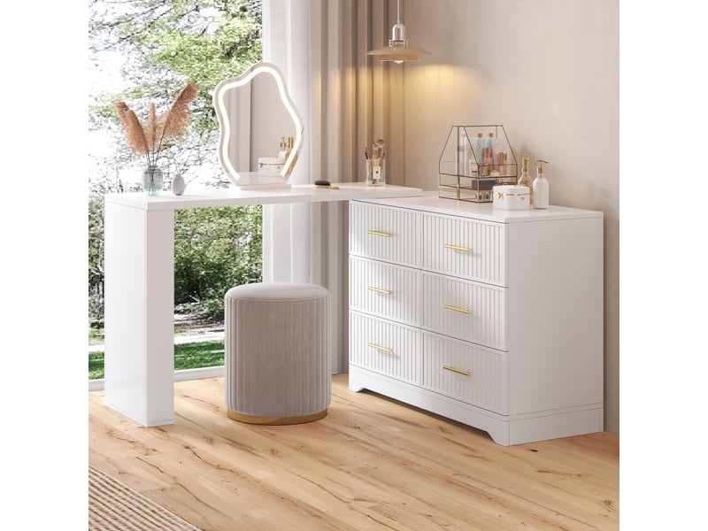  Coiffeuse d'angle blanche avec miroir led 3 couleurs, table de maquillage modulable en l avec tiroirs, 110cm  - Conforama R