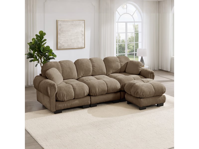  Canapé d'angle, canapé 3 places, avec pouf, style cloud, pour salon, mobilier pour espace de vie, marron  - Conforama E