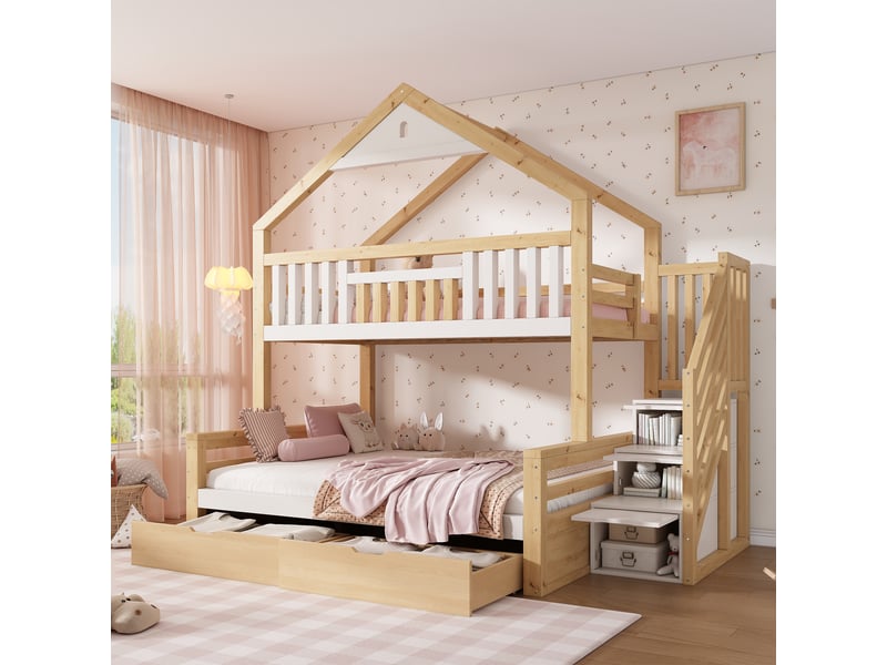  Lit superposé enfant 90140x200cm - lit familial bois avec escalier rangement et tiroirs - lit cabane toit maison - blanc chêne  - Conforama B
