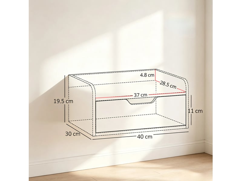  Lot de 2 tables de chevet murales en panneau de particules blanc et bois clair, avec tiroir et plateau à rebords  - Conforama C