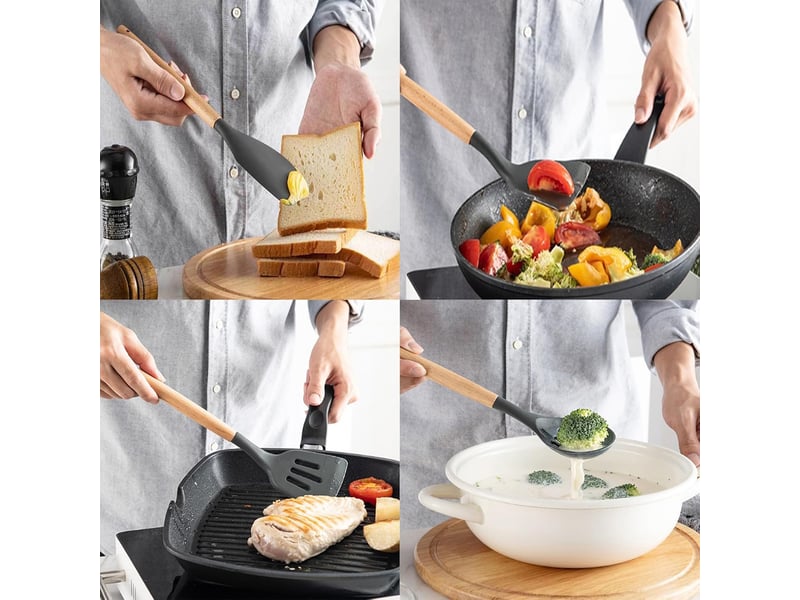 Set de 12 ustensiles de cuisine en silicone et bois avec support chicfurn - Conforama E