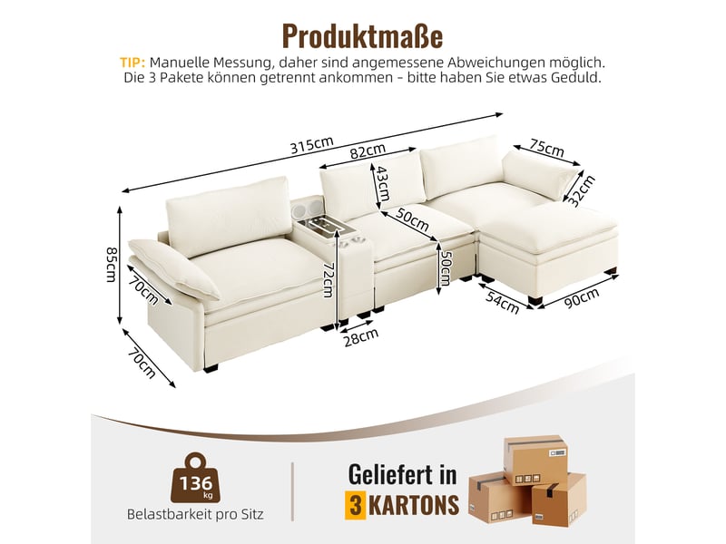  Canapé d'angle modulable en chenille cloud de 315 cm avec espace de rangement IKSETERA TRADING LTD - Conforama C