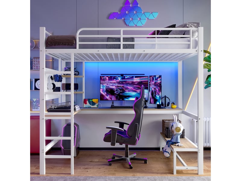  Lit mezzanine 90x200cm - lit haut en métal avec grand bureau, panneau perforé, led &amp; prises usbtype-c - blanc  - Conforama C