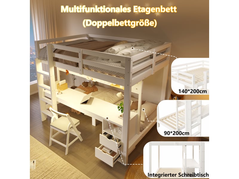  Lit superposé 90x200 cm, lit enfant, tiroirs, bureau, métal blanc, led  - Conforama W