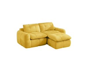 Canapé modulable 2 places en l jaune avec pouf assorti, revêtement chenille matelassé, assise profonde et configuration flexible