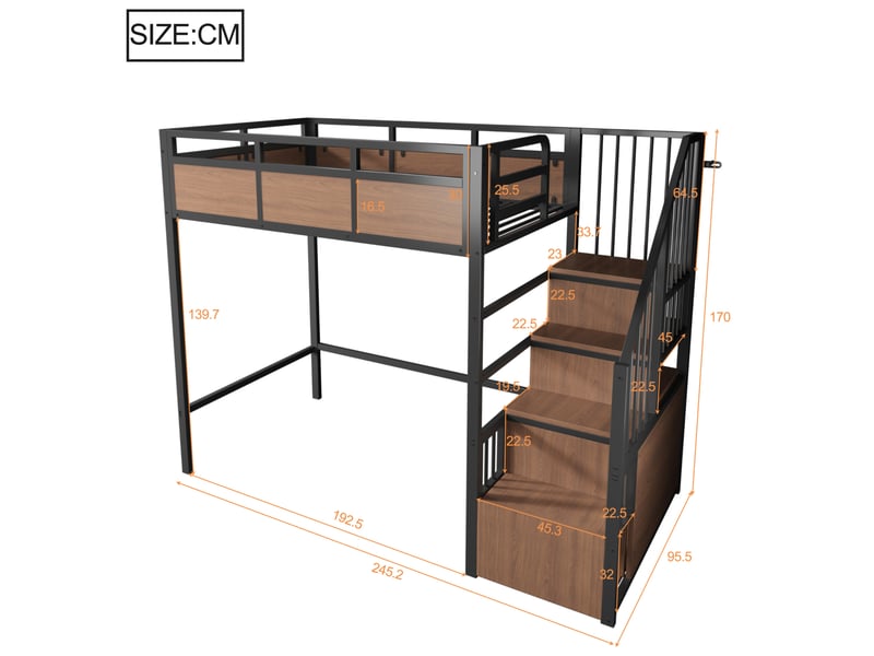  Lit mezzanine 90x200 cm avec échelle de rangement réversible et led, métal, mdf, structure en bois, noir, sans matelas  - Conforama C