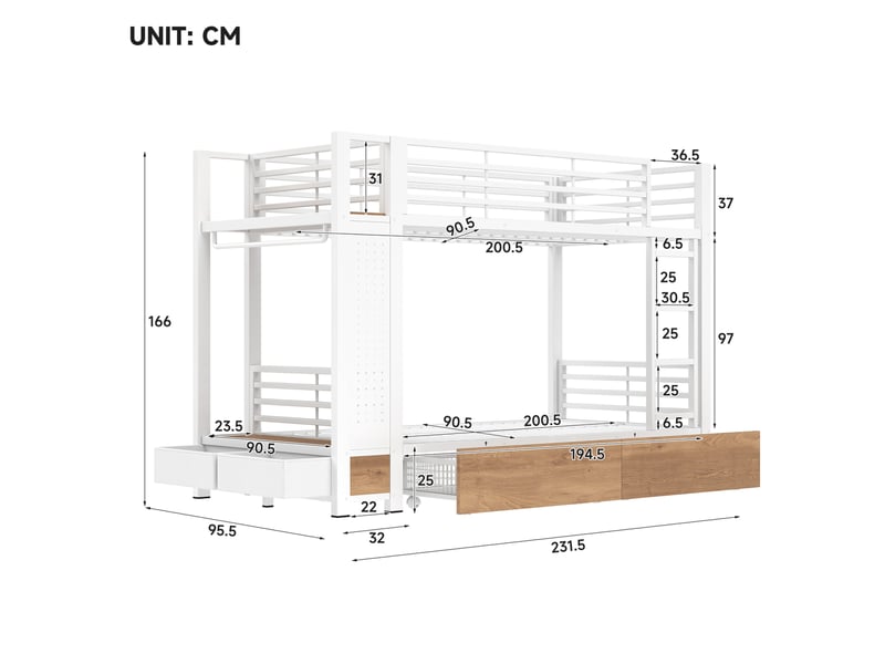  Lit superposé 90 × 200 cm 2 places, 4 tiroirs, éclairage led, sans matelas, en métal et mdf blanc  - Conforama D