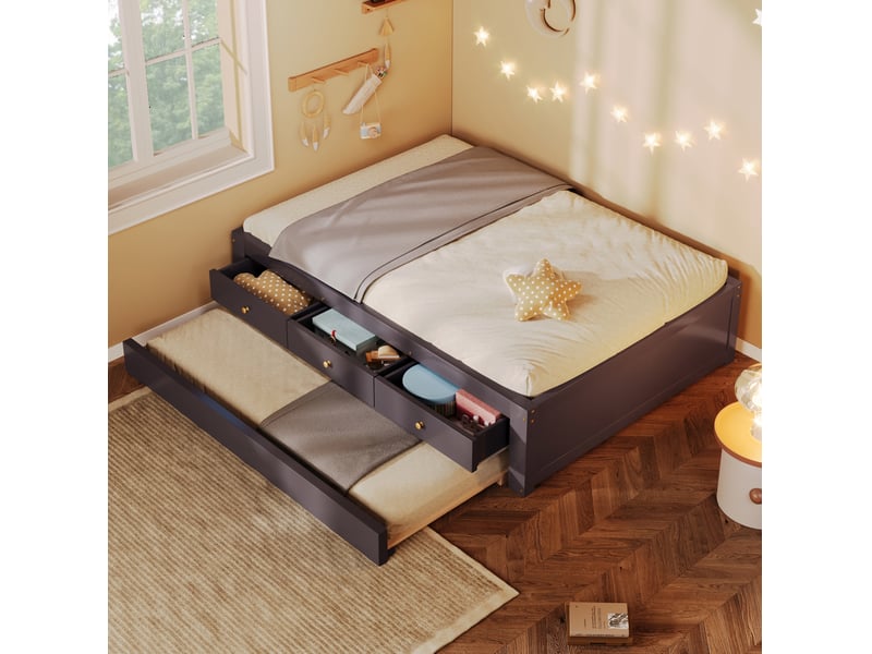  Lit simple 90x200 cm avec 3 tiroirs et lit gigogne 90x190 cm marron café, sans de tête de lit ni de matelas  - Conforama B