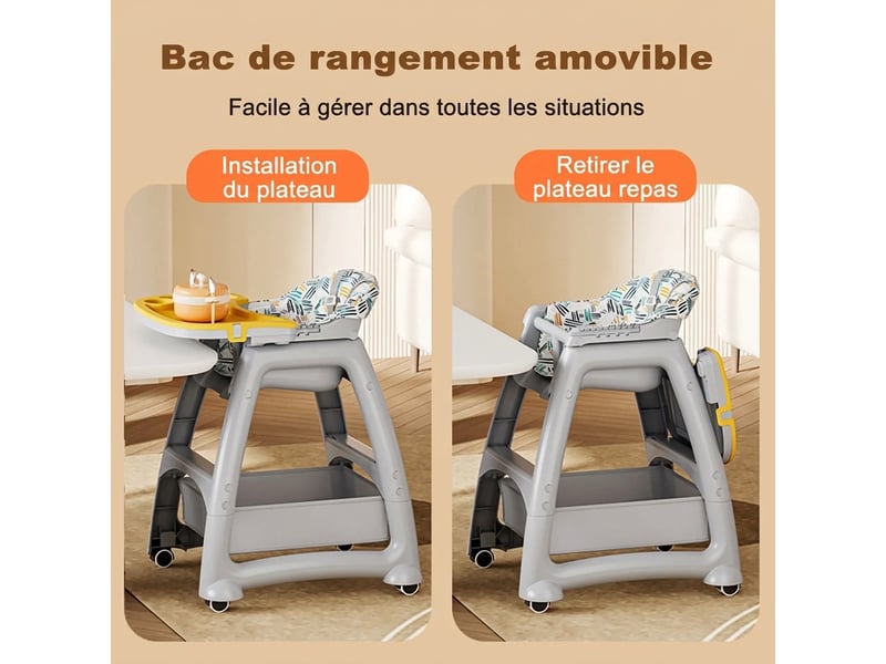  Chaise haute bébé grise avec roulettes verrouillables et 3 plateaux pp  - Conforama C