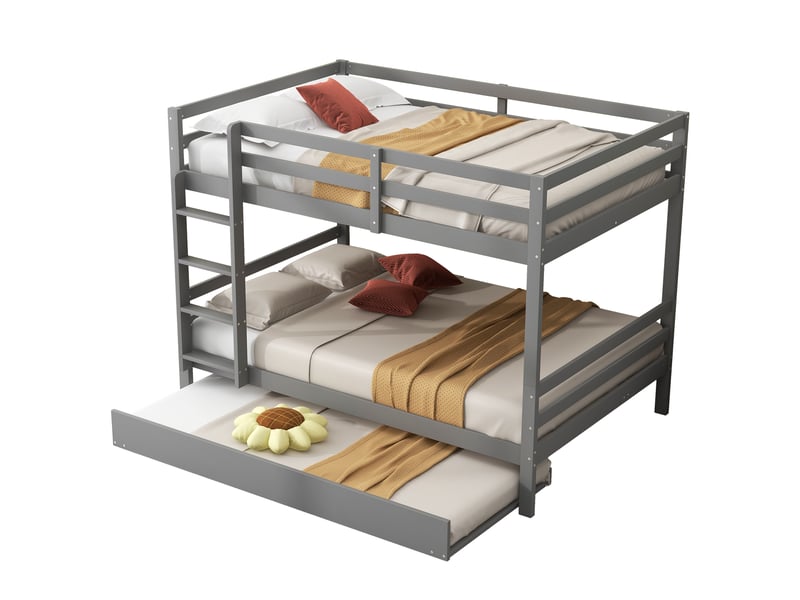 Lit superposé avec lit gigogne et escalier de rangement, lit enfant 140x200 cm en bois massif avec barrières de sécurité, gris. - Conforama R