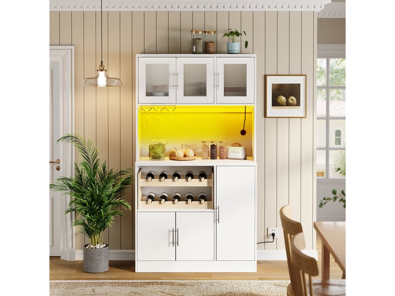Meuble de cuisine muvano blanc, buffet haut avec portes en verre strié et éclairage rgb - Conforama B