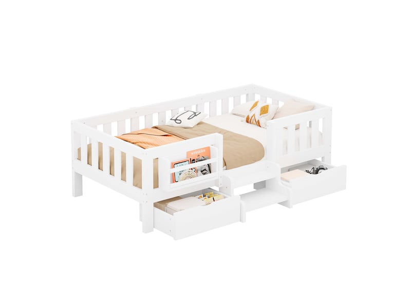  Lit enfant multifonction 90x200 cm, 2 tiroirs, bibliothèque intégrée, marche d’accès, garde-corps, sommier à lattes, bois massif et mdf blanc  - Conforama A