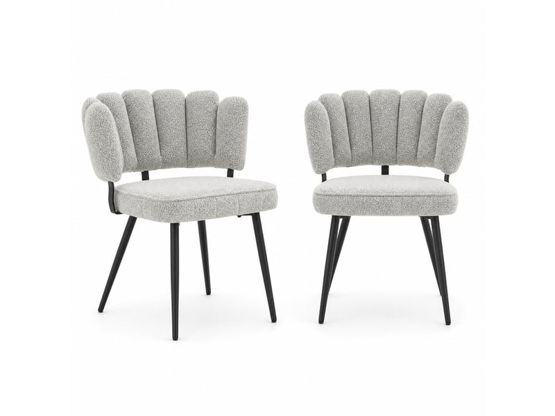  Lot de 2 chaises de salle à manger à dossier fleur en tissu bouclé gris clair et pieds métal noirs  - Conforama A