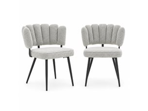 Lot de 2 chaises de salle à manger à dossier fleur en tissu bouclé gris clair et pieds métal noirs
