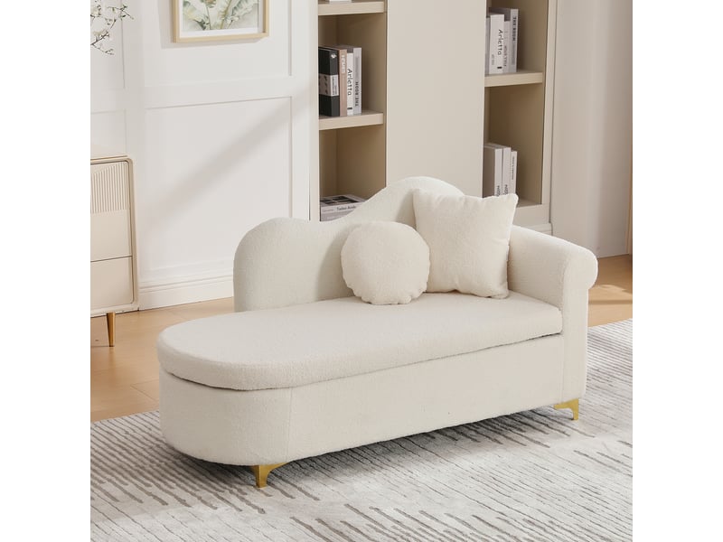  Méridienne avec coffre de rangement et coussins, tissu effet peau lainée beige blanc, 134 × 64 × 70 cm  - Conforama C