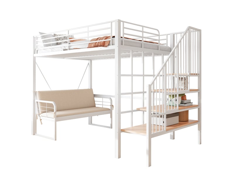  Lit mezzanine 140x200 cm avec canapé amovible et escalier de rangement blanc  - Conforama A