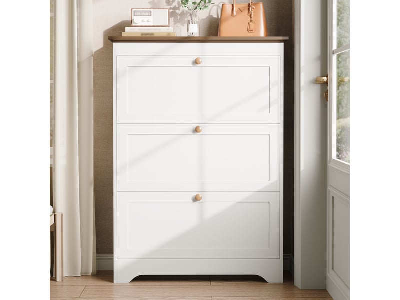 Meuble à chaussures avec 3 abattants amortis et plateau de rangement pour entrée, en mdf blanc, 87 × 26 × 120 cm - Conforama B