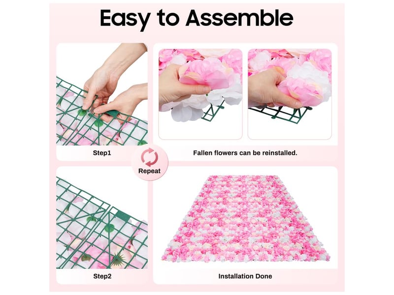 Panneaux muraux à fleurs artificielles, lot de 20 pièces panneaux de fleurs mural fleurs toile de fond florale haie décor en soie pour fête de mariage fond rose 60 x 40cm - Conforama E