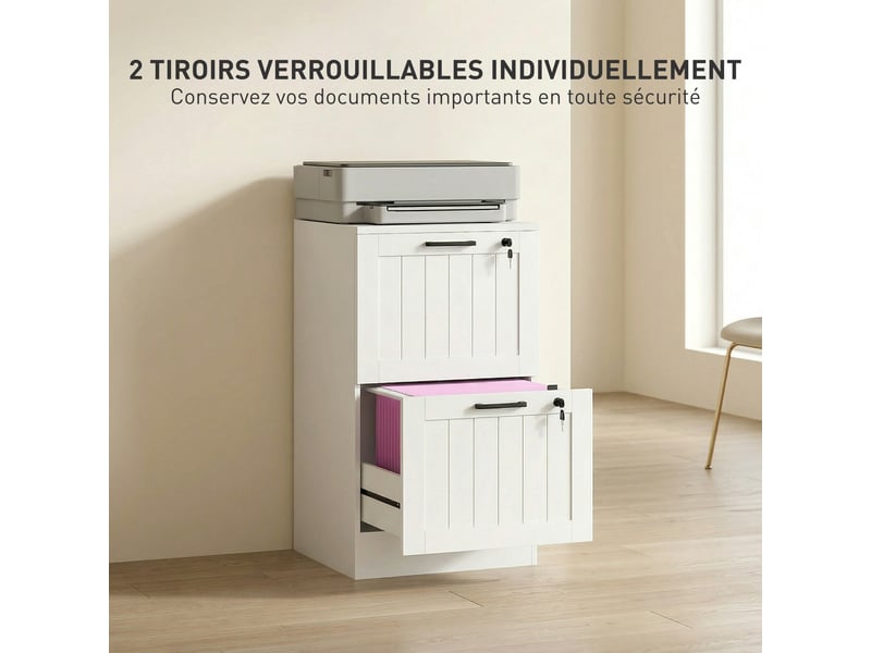  Caisson bureau, meuble rangement bois 2 tiroirs et serrure, barres de suspension réglables, blanc, 40 x 40 x 71 cm  - Conforama R