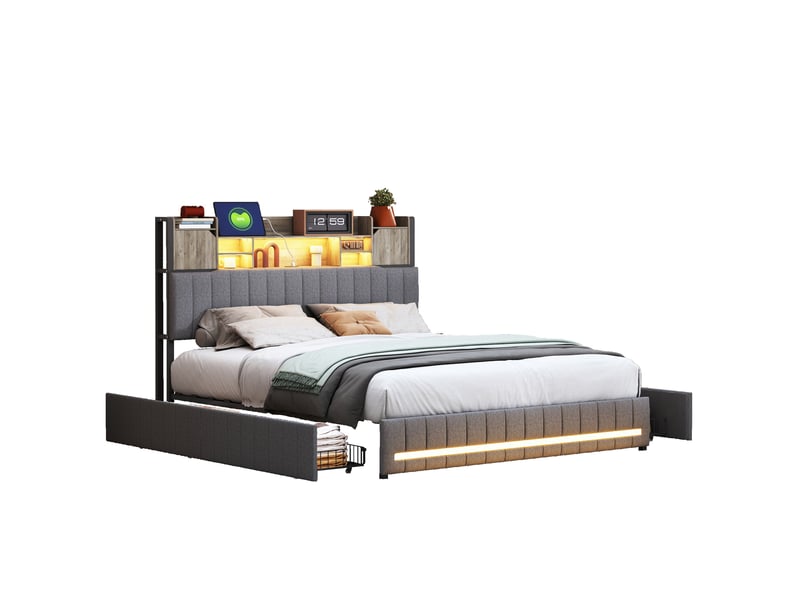  Lit 140x190cm - lit double 140x190 capitonné en lin avec 4 tiroirs, tête de lit rangement et éclairage led rgb - gris  - Conforama A