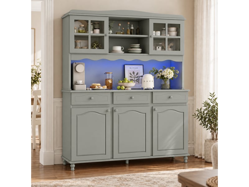 Buffet gris en panneaux de particules, dimensions 135×40×185 cm, offrant rangement pour vaisselle et ustensiles, avec étagères ajustables - Conforama E