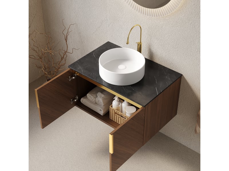  Meuble sous vasque avec 2 portes, vasque ronde en céramique et plateau en pierre frittée pour salle de bain, 76 cm  - Conforama C