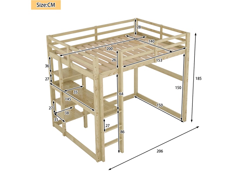  Lit mezzanine enfant 140 x 200 cm – naturel – bureau intégré, 4 niches de rangement - sans matelas  - Conforama C