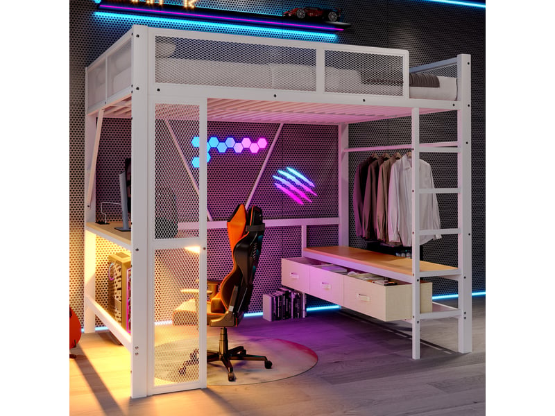 Lit mezzanine 140x200 cm coloris blanc led métal lit enfant blanc - Conforama D