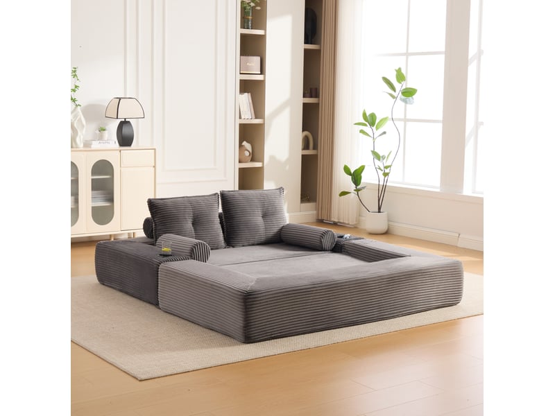  Canapé convertible 2 places modenvie en velours côtelé gris foncé, 180 x 98 x 80 cm, avec poches et porte-gobelet  - Conforama E
