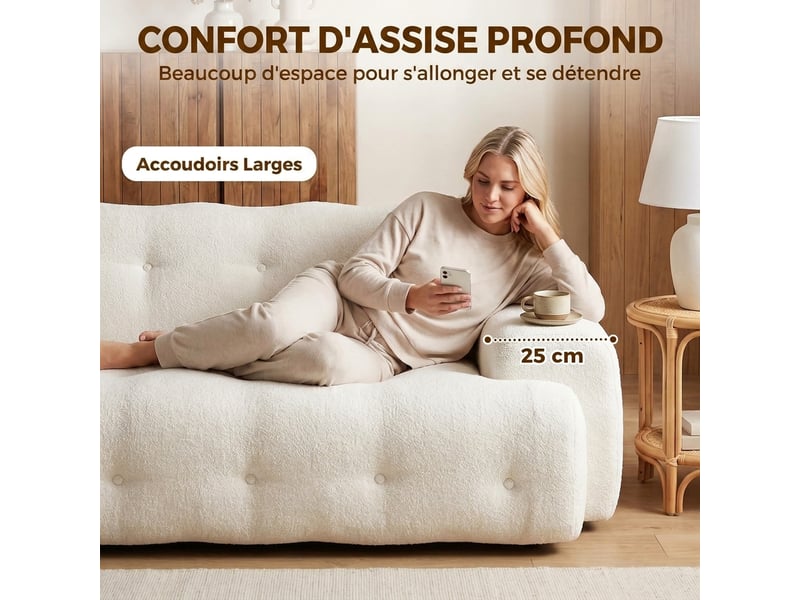  Canapé 3 places en chenille 211 cm, canapé salon, assise profonde, entièrement compressé sans montage, crème  - Conforama D