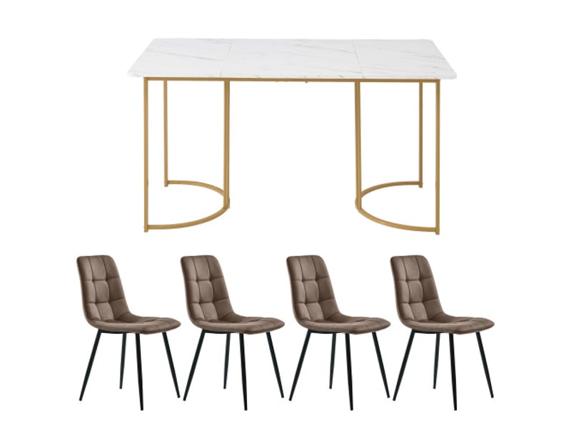 Ensemble salle à manger 5 pièces: table 140x80 cm, 4 chaises velours brun, pieds métal doré, plateau mdf blanc - Conforama A