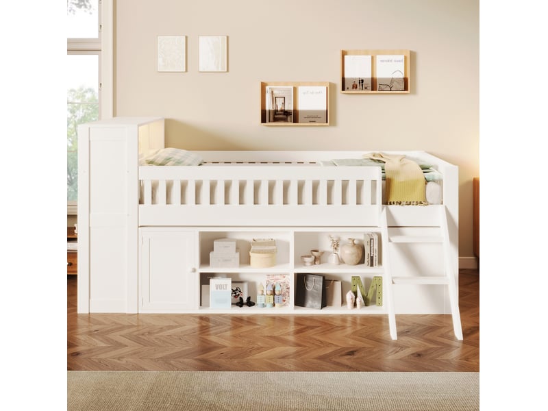  Lit mezzanine 120x200 cm avec éclairage led et rangements, mdf et bois, couleur blanc, sans matelas  - Conforama B