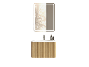 Meuble de salle de bains mural 61 cm avec vasque et miroir led 60 x 80 cm, tiroir strié bois clair pratique