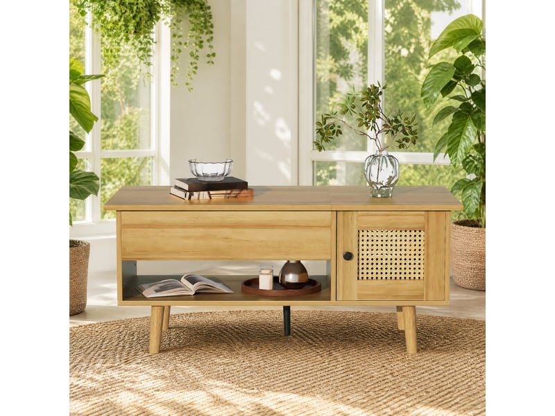  Table basse 103x50x46 cm à plateau relevable en panneaux de particules coloris naturel et noir  - Conforama D