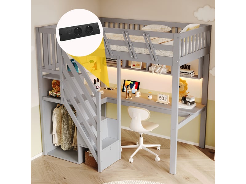  Lit mezzanine 90x200 avec bureau, lit enfant en bois massif gris avec escalier de rangement et led, 205x143,5x170 cm  - Conforama D