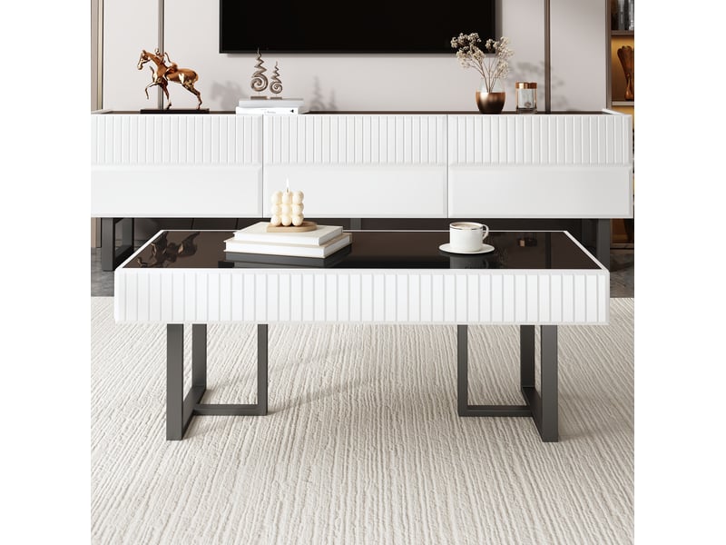  Ensemble meuble tv 170x35x47 cm et table basse 110x50,5x41 cm, tiroirs, dessus brillant, mdf, noir et blanc  - Conforama D