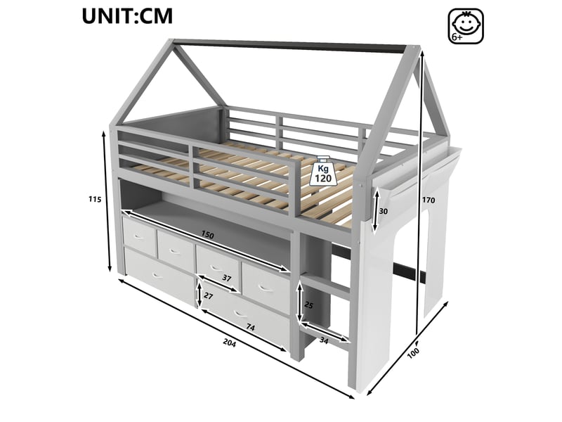  Lit mezzanine cabane 90x200 cm - 6 tiroirs en tissu - led - rideau - poche de rangement - barrières - pin et mdf - gris CozyNest - Conforama C