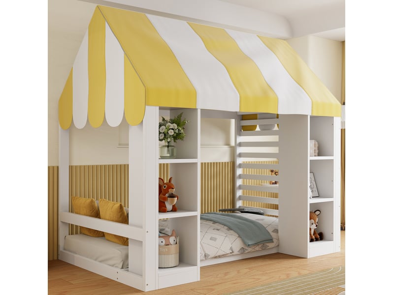  Lit mezzanine enfant modenvie 90 x 200 cm avec baldaquin et rangements ouverts, métal, contreplaqué et mdf, blanc  - Conforama B