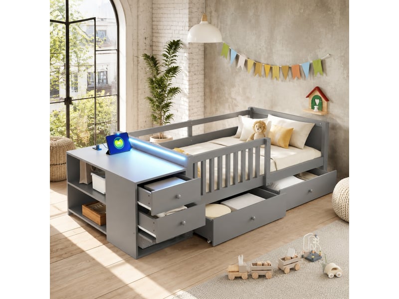  Lit enfant, 90 x 200 cm, avec rangement séparé, prise, led, 2 tiroirs pratiques, matelas non inclus, bois, coloris gris  - Conforama B