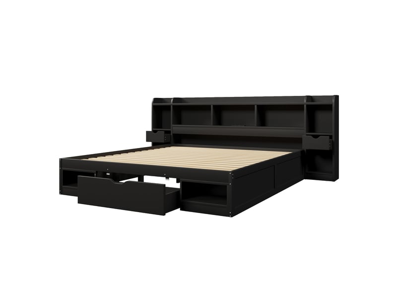 Lit adulte,180x200 cm,avec rangement, 3 tiroirs, led et port usb,mdf,noir  - Conforama D