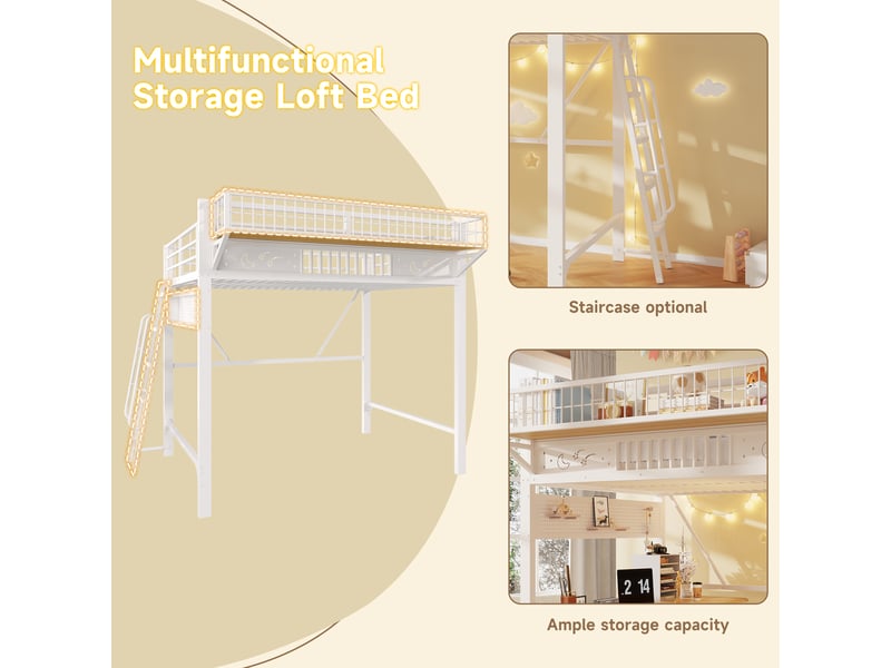  Lit mezzanine, 140 × 200 cm, blanc, métal, étagères, espace ouvert dessous, sans matelas, dimensions 235 × 169 × 188 cm  - Conforama D